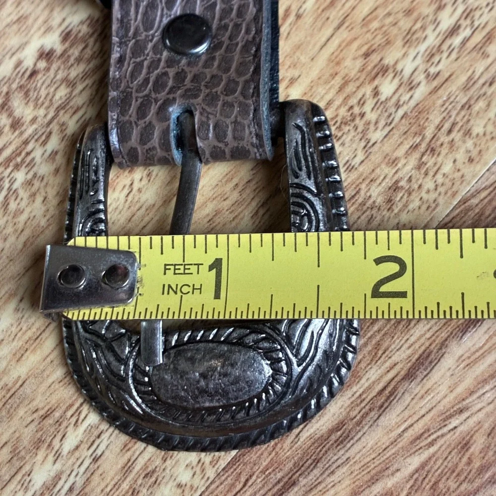 Vintage Western Belt Brown Snakeskin Embossed Silver Buckle Size 8 Cowgirl Boho